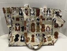 Dog Print Beige Canvas Tote Bag Purse Two Handled With Zip Close  Change Purse