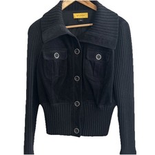 St. John Black 6 Cotton Blend Velvet Corduroy Bomber Jacket Luxury Minimalist