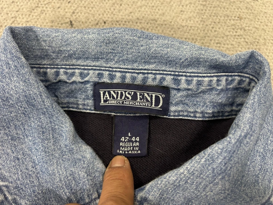 Camisa polo vintage Lands' End para hombre grande azul marino denim cuello cambray rugby años 90 Foto 3 de 4