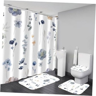  4Pcs Shower Curtain Set with Floral Bathroom Sets, Blue Floral Shower Flower