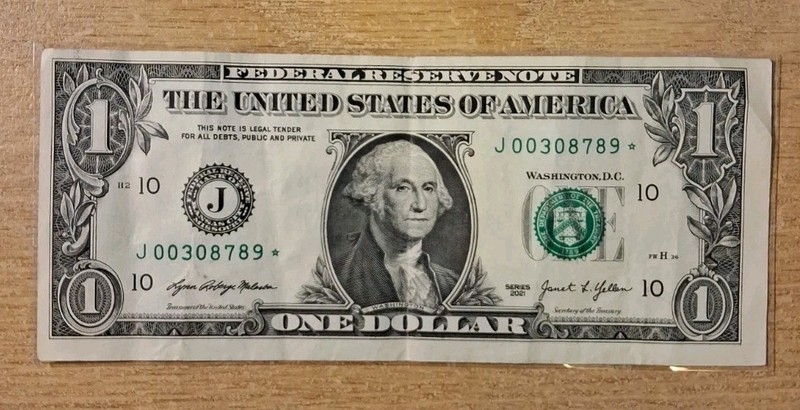 2021 GEORGE WASHINGTON DOLLAR BILL $1 STAR NOTE 00308789* OFF CENTER MISCUT 500K