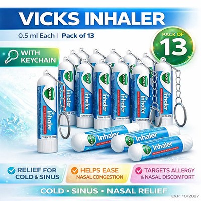 Vicks Inhaler 0.5ml 13-Count Jar w/ Keychain | Cold Sinus Nasal Relief