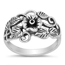 Flowers  Leaves Ring 925 Sterling Silver Antiqued Filigree Leaf Band Sizes 5-10