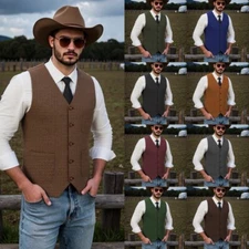Mens Vest Herringbone Vintage Western Cowboy Vest Retro Casual Formal Wear Vest