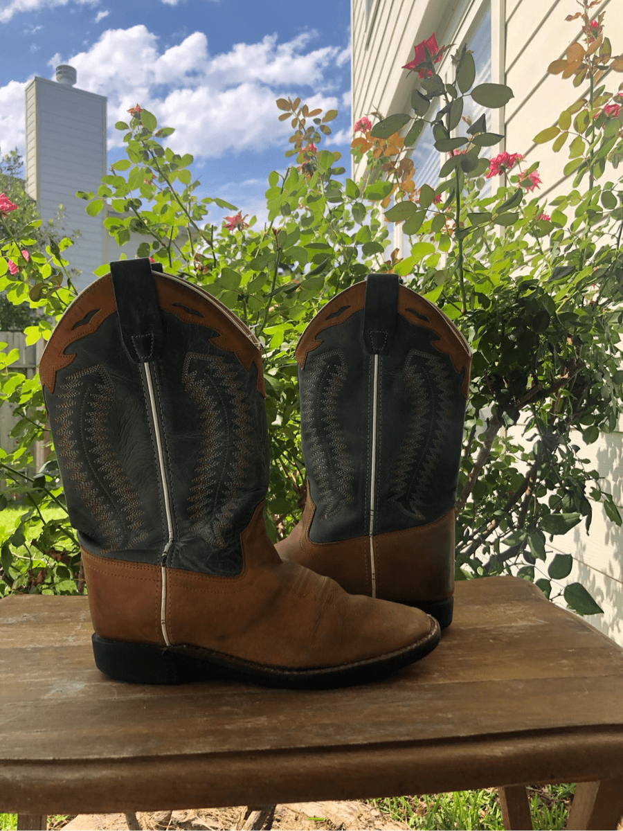 OLD WEST YOUTH BROWN ASH LEATHER SQUARE TOE COWBOY BOOTS