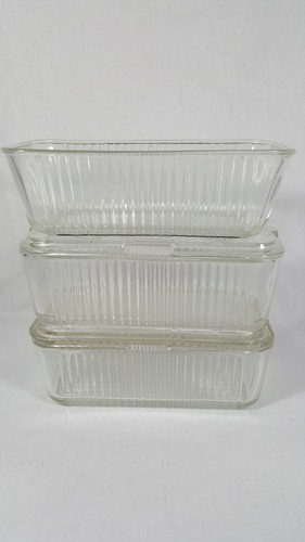 3 Vtg Federal Glass Ribbed Refrigerator Dishes W/Lid 1 Vegetable Design 1 W/O - Picture 8 of 8
