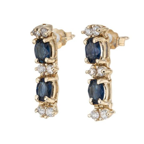 2.00 Carat Blue Sapphire Diamond Yellow Gold Dangle Earrings - Picture 2 of 5