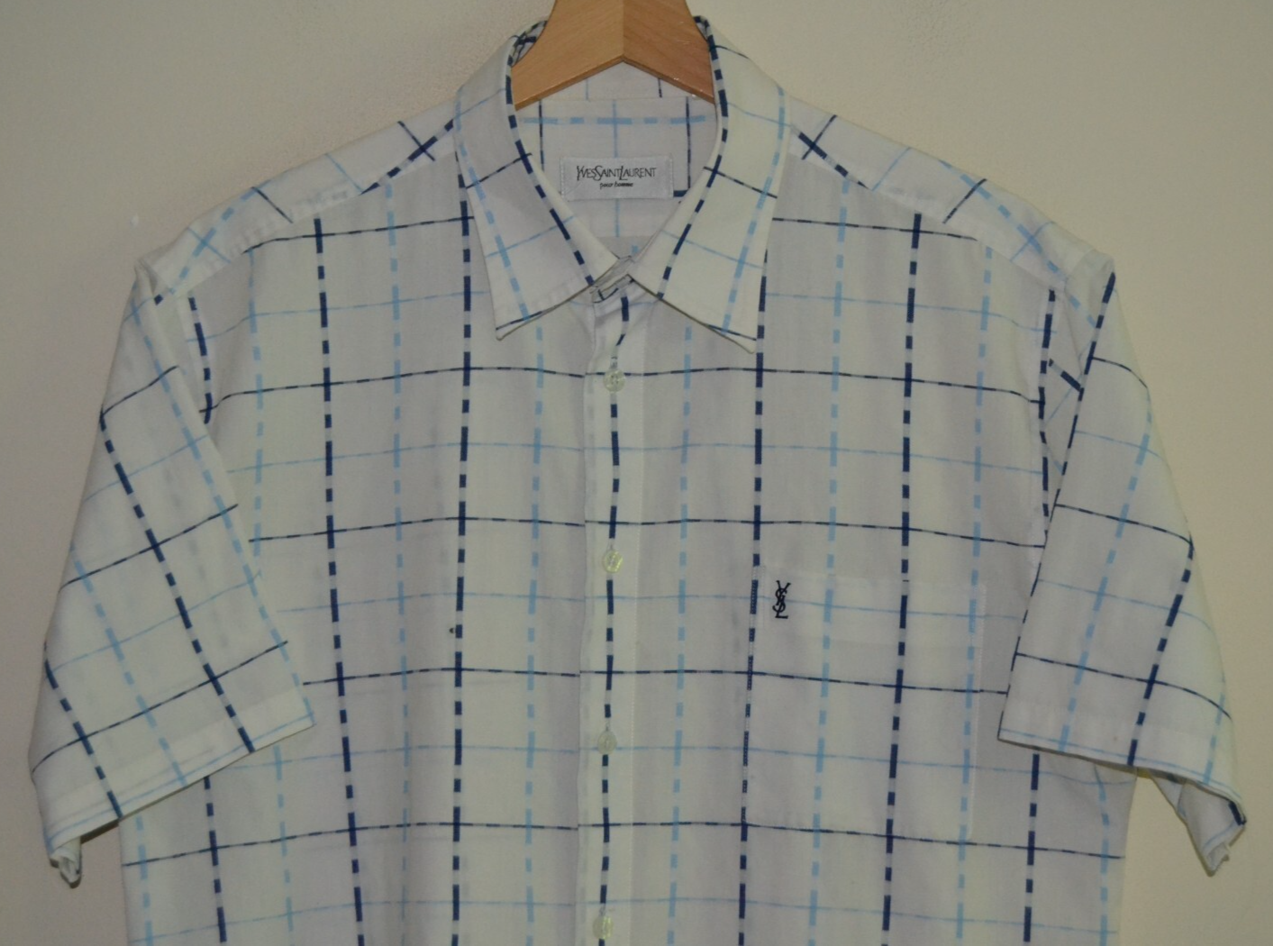 Camicia vintage YSL Yves Saint Laurent blu e bianca a quadri S S con bottoni uomo grande