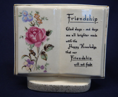 Vintage Ceramic Pen Pencil Holder Book  Friendship  Glad days Poem