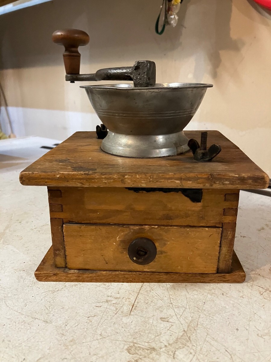 Antique hand-crank coffee mill grinder wooden with drawer