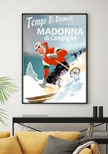 POSTER VINTAGE MADONNA DI CAMPIGLIO DOLOMITI BRENTA INVERNO SCI NEVE MONTI 2