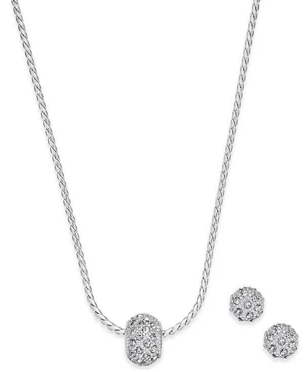 Charter Club Pavé Ball Pendant Necklace & Stud Earrings Set Silver Tone NEW $30
