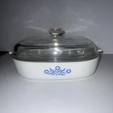 CORNING WARE - BLUE CORNFLOWER - P-16-B  11" CASSEROLE DISH & PYREX DOME LID