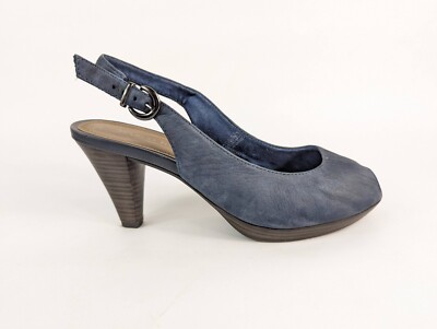 Marco Tozzi Navy Leather Mid Heel Slingback Open Toe Shoes Uk 4 Eu 37