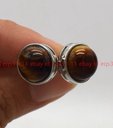Genuine 12mm Yellow Tiger's Eye Round Gemstone Round Beads Stud Earrings - Picture 9 of 12
