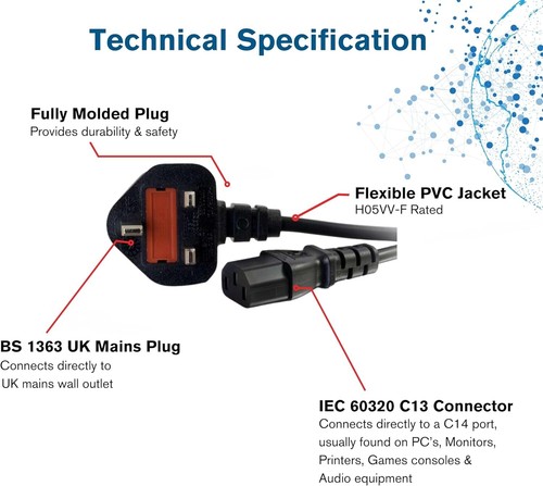Power Cord UK Plug to IEC Cable (PC Mains Kettle Lead) C13 1m/2m/3m/5m/10m Lot - 第 27/35 張圖片