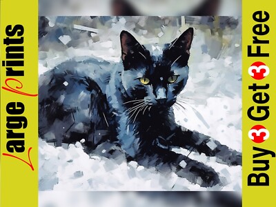 Adorable Sitting Black Cat Painting Print - Whimsical Feline Art, Various Sizes