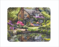 Cottage Mouse Pad Lake River Flowers Watercolor Painting Art 7 3/4 x 9"
