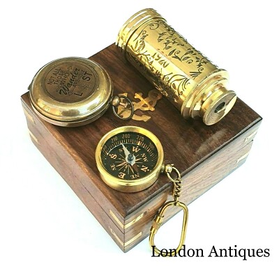 Antiker Kompass Vintage Messing Chrom Nautisch 2 Zoll Holzkiste Steampunk Retro