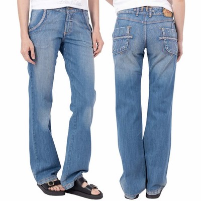 Damen Straight Leg Schlaghose Bootcut Jeans Hose Used Look Vintage Denim Blau