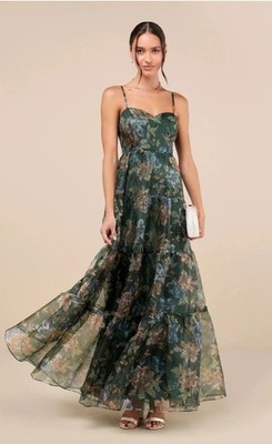 NWT. Lulu's Glamour Green Floral Organza Tiered Maxi Dress Sz Large