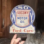 Vintage Socony Motor Oil Ford Cars Sign Lubester Paddle Sign Porcelain Gas Oil