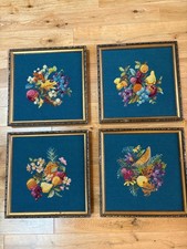 Vintage Needlepoint Framed Flowers Fruit, Set of 4