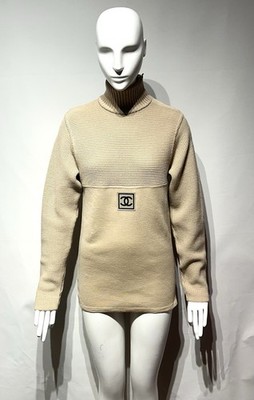 Chanel Sport Circa 2002 Beige Wool Knit Logo Turtleneck Sweater Size 38