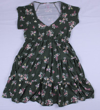 No Boundaries Women's Medium Green Floral Tiered Mini Dress Short Sleeve Boho