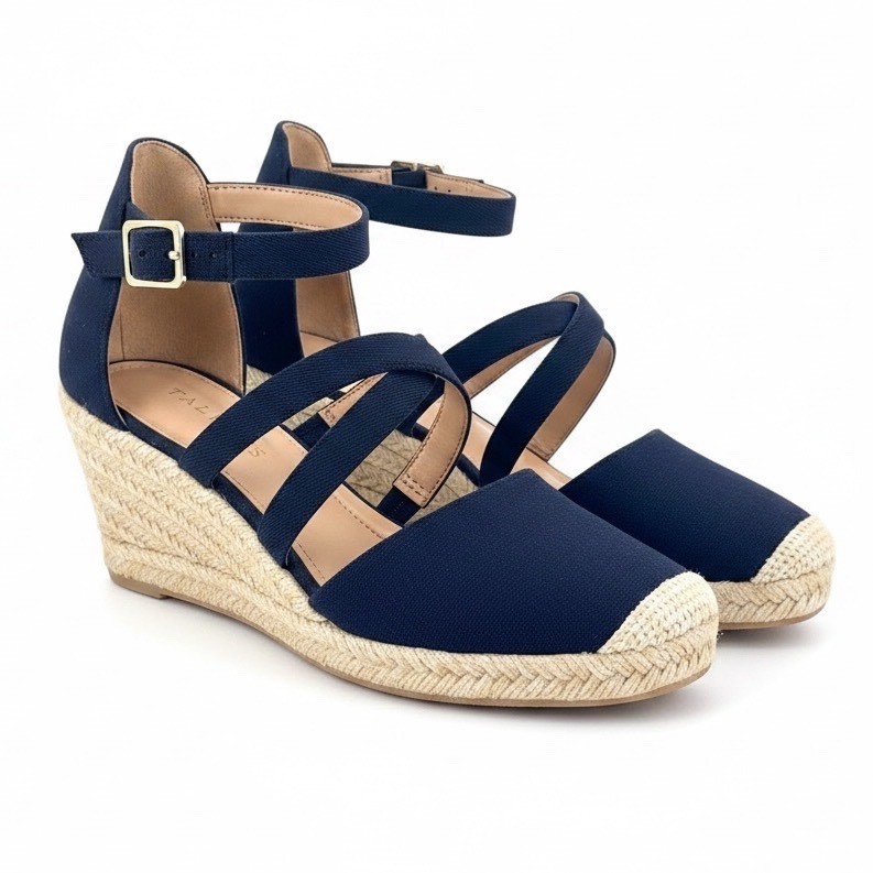 Talbots Womens Espadrille Wedge Sandals Navy Canvas Ankle Strap Size 7.5 Blue