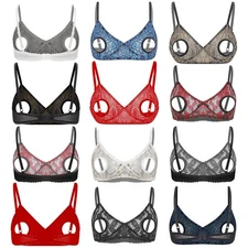 US Women Lace Sheer Open Nipple Bra Underwear Wireless Plunge Bralette Brassiere
