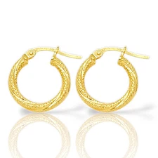 14K Real Yellow Gold Twisted Round Curly Hoops Women Earrings 2MM x 14MM 