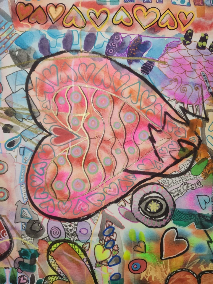 Pollo oculto - Acuarela abstracta original con detalles de acrílico y tinta Foto 4 de 4