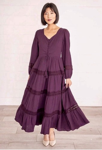 Ivy City Co Joella Dress Deep Purple Long Sleeved Maxi Boho A-Line Size M