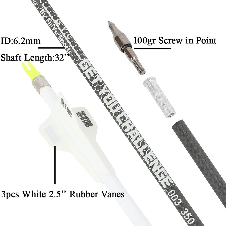12pcs 32" Pure Carbon Arrows 2.5" Vanes SP250-400 Archery Bow Shooting Hunt 003" - Image 3 of 4