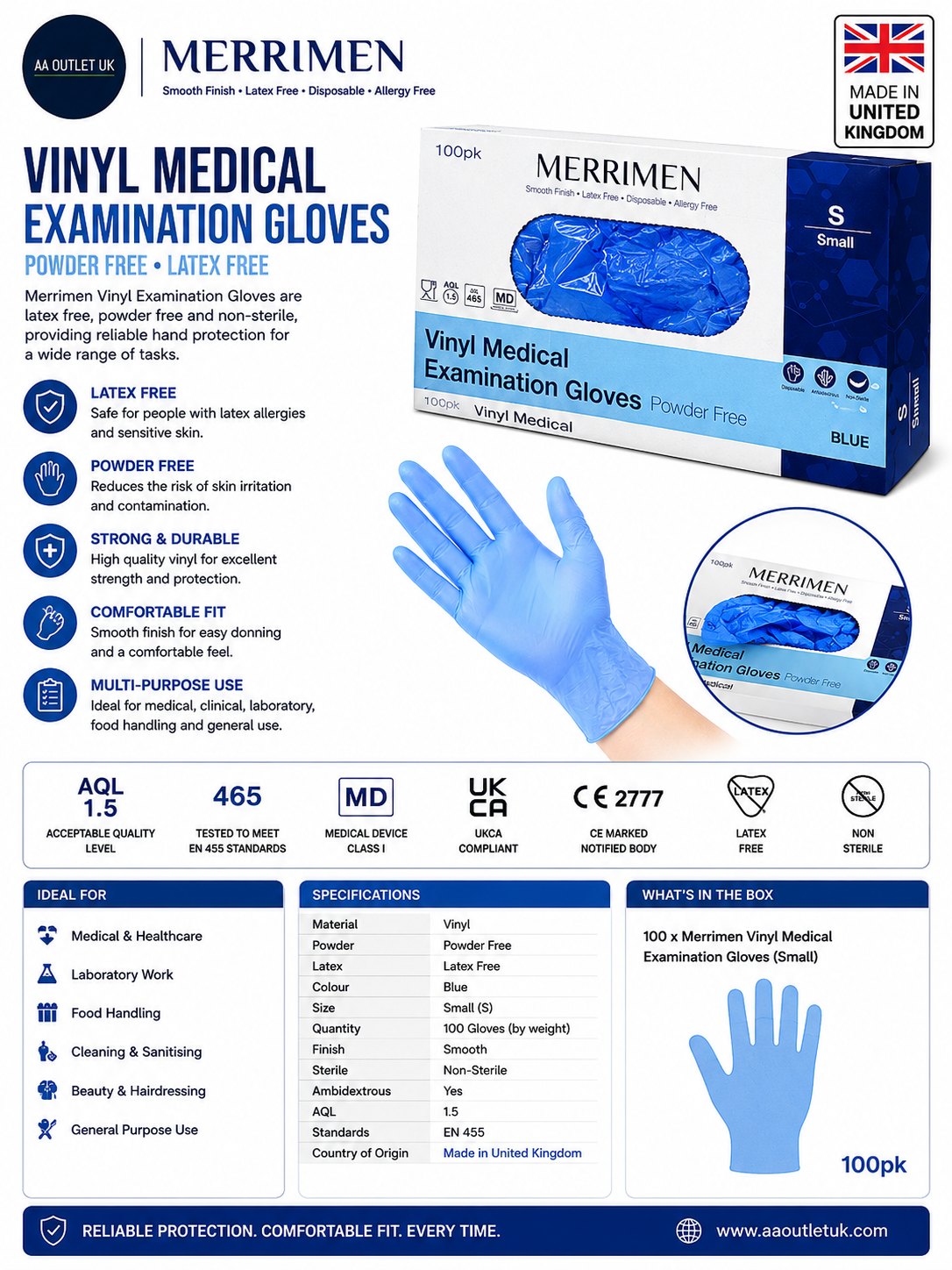 Merrimen Vinyl Medical Examination Disposable Gloves Powder Free Latex Small