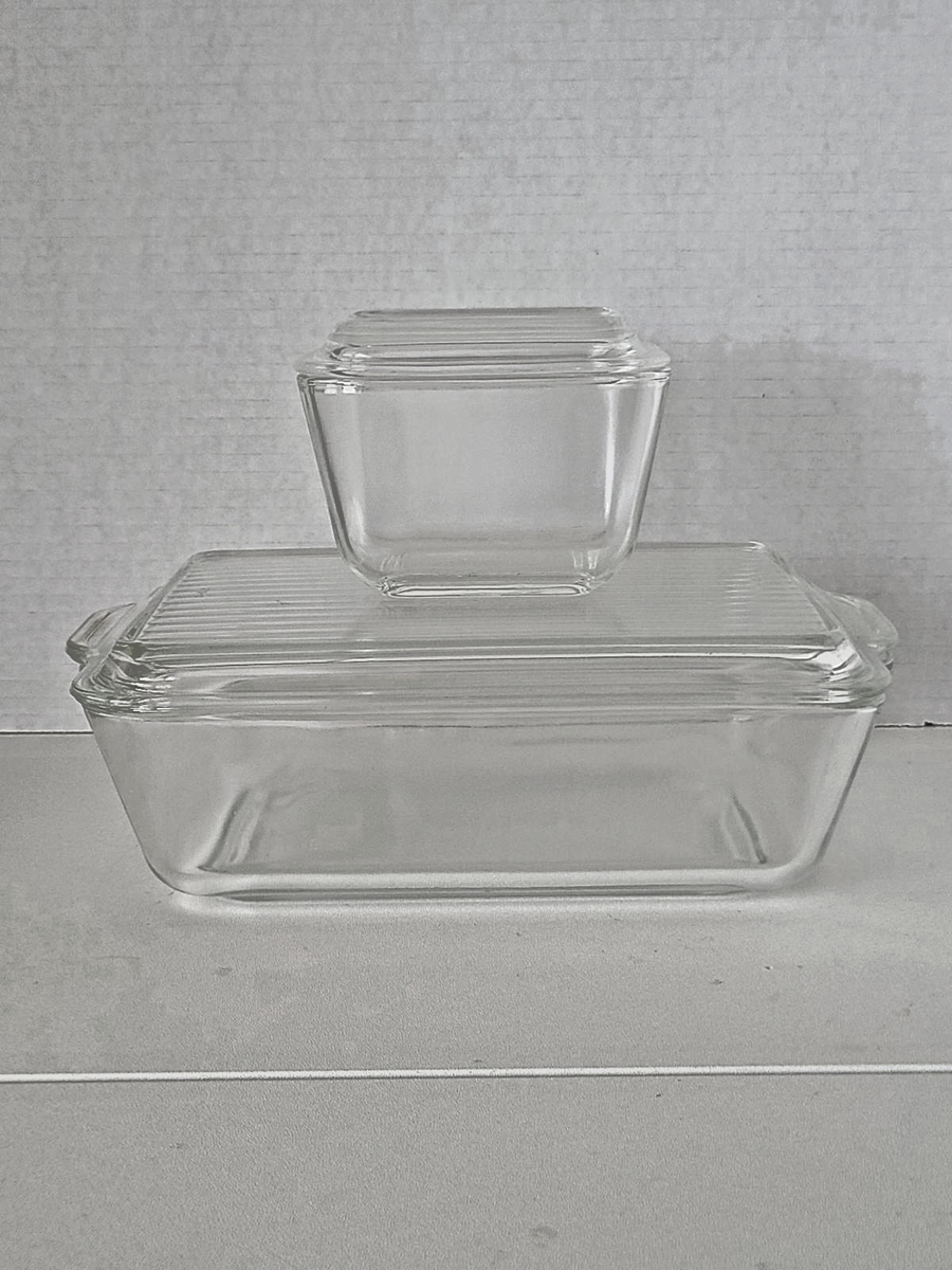 Vintage PYREX Clear Glass Refrigerator Dish Set Of Two Ribbed Lid