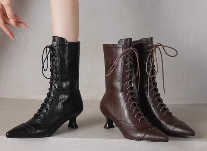 Women Real Leather Pointed Toe Lace Up Side Zipper High Heel Mid