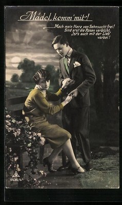 Photo postcard photochemistry Berlin no. 5635: man with his girlfriend on a bench 
