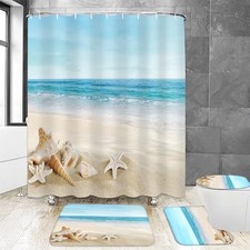 4pcs Beach Sea Shower Curtain Set with Rugs Bath Decor  Ocean Bathroom Blue