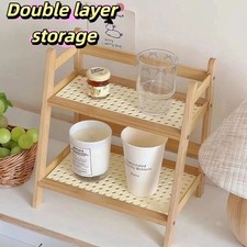 Wooden Storage Shelf Rattan Desktop Stand Organizer Trapezoida Desk Display Rack