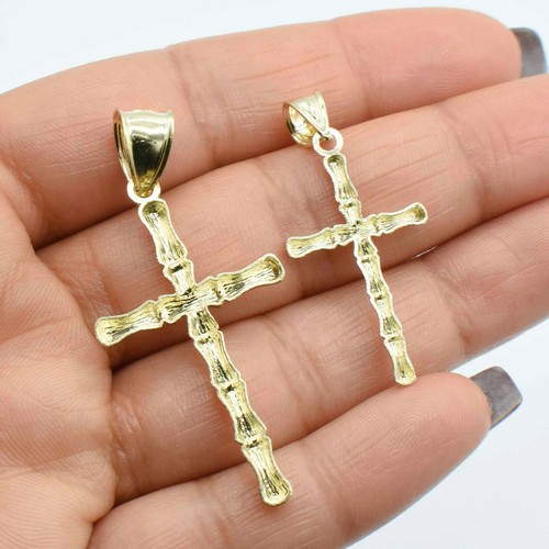 Bambus Struktur Kreuz Anhänger echt massiv 10K Gelbgold alle Größen - Bild 2 von 5