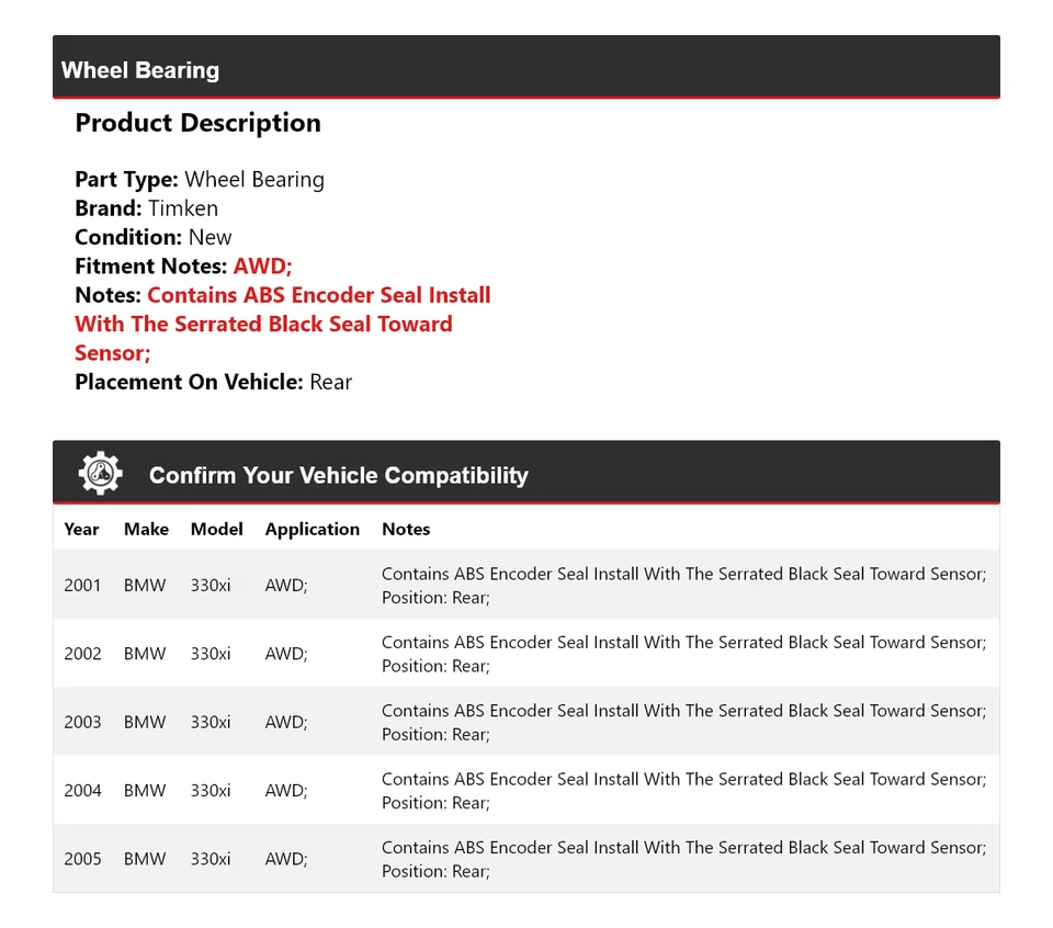 Cojinete de rueda trasero Timken 2002 2003 2004 para BMW 330xi 2001-2005 AWD Foto 2 de 4