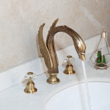 3PCS Swan Bathroom Sink Faucet Antique Brass Deck Mounted Mixer Basin Vanity Tap