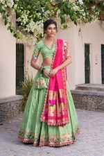 Ethnic Look Jacquard Silk Pista Green Lehenga Choli And Dupatta For Women