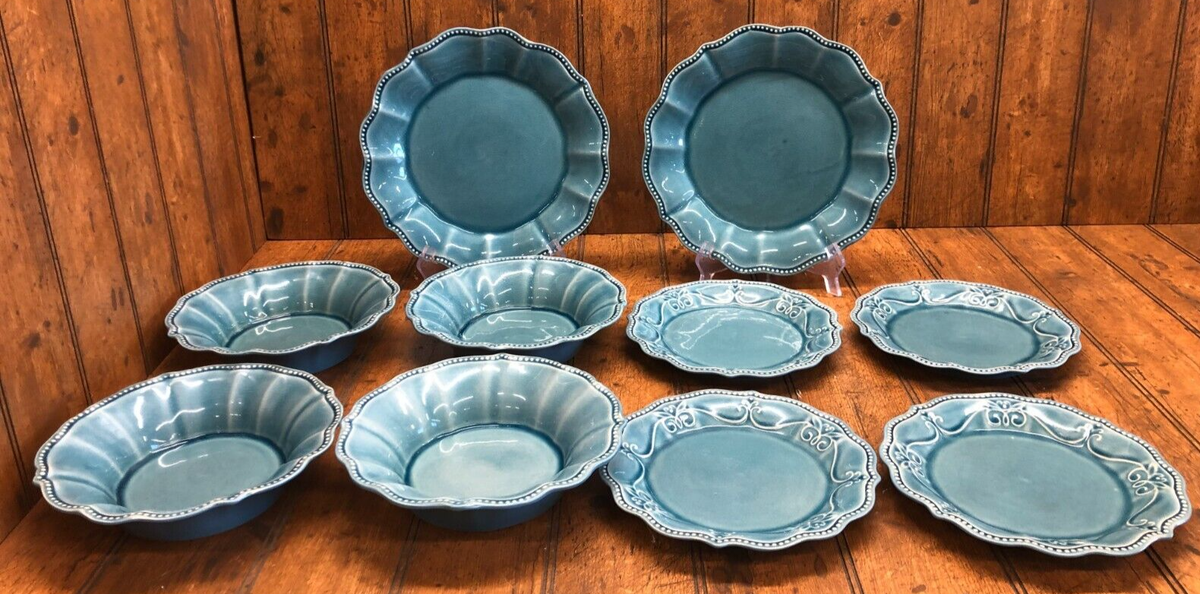 10 Set Pioneer Woman Turquoise Ruffled Edge Plates Bowls