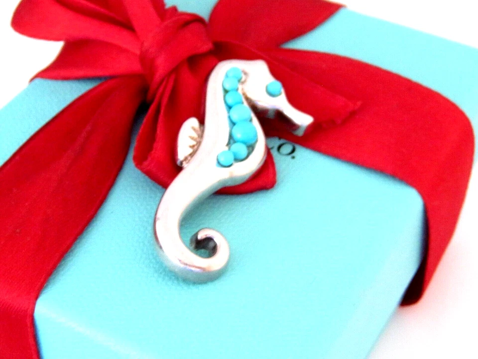 Tiffany & Co Plata Grande Turquesa Caballito de Mar de la Suerte Broche Prendedor Caja Bolsa Cinta