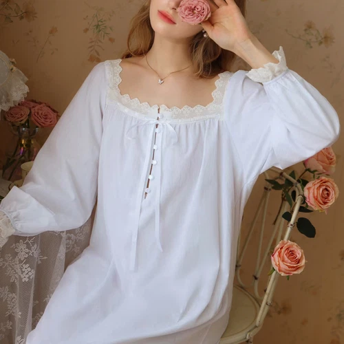 Women's Cotton Nightgown Princess Square Neck Long Sleeve Sleep Dress - Picture 53 of 53
