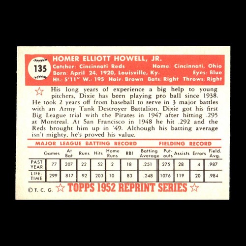 Dixie Howell 1983 Topps 1952 Reprint Series Cincinnati Reds #135 NM+ Pack Fresh - Picture 2 of 2