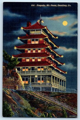 c1940 Reading Pennsylvania Vintage Postcard Pagoda Penn Moonlight Night Building